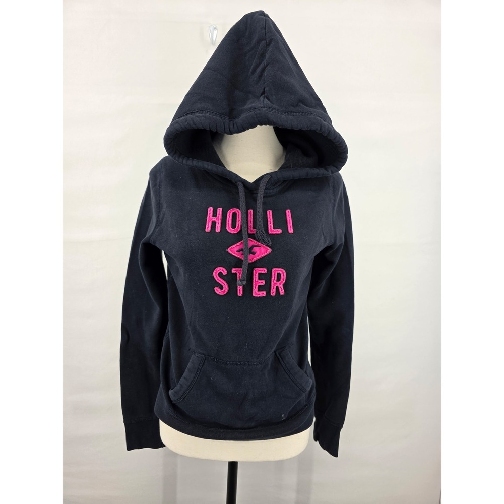 Hollister California Womens Navy Blue Pink Logo Fleece Pullover Hoodie Size M